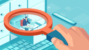 Vector of a businessman sitting inside closet compartment box being surveyed by a boss